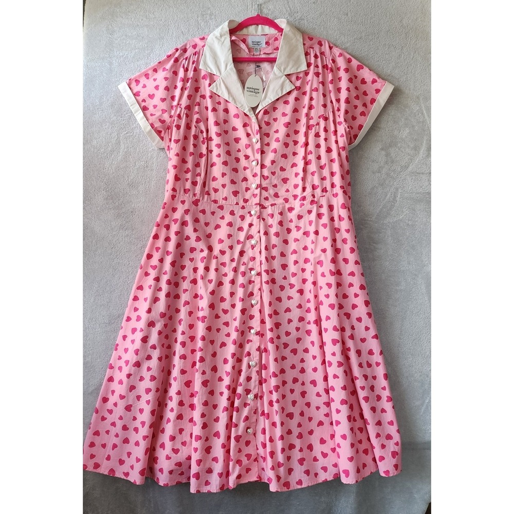 Unique Vintage Dress Womens Size 18 Hot Pink Hearts Swing Retro Pockets NWT